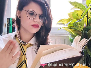 Horny French college girl reads a book and masturbates to real orgasm