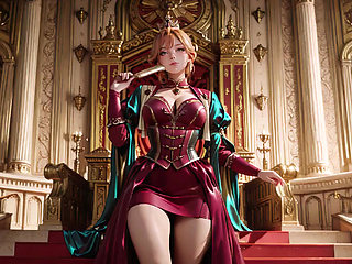 Red Queen on the Golden Throne! Deep velvet gown, lazy chin rest, and a gaze that locks onto you.
