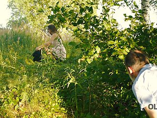 Old fart spying on a sexy babe through the bushes and he wants some pussy