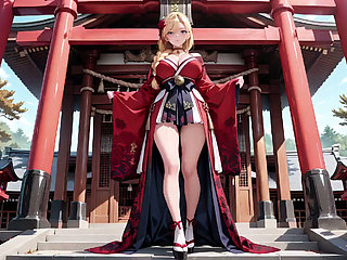 Red & Black Miko! Forbidden Shrine Prayer, High-Slit Hakama Exposure, Golden Goddess's Wet Gaze!