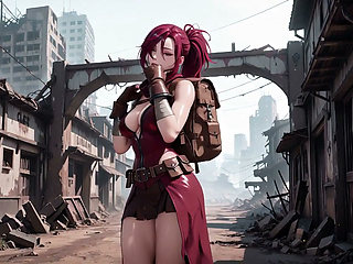Redhead Warrior in Ruins! Forbidden Encounter in the Industrial Wasteland, her tight combat suit soaked and hazy eyes.
