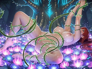 Blindfolded Red Hair Girl Suspended by Thorny Vines Extreme Wet Bondage 3D