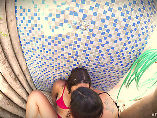 Outdoor Shower FFM, Two Mouths and a Golden Shower