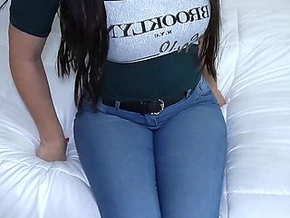 tremendous ass of my friend's girlfriend with tight jeans. real orgasm and creampie. She left my semen inside her pussy