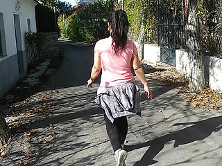 Horny brunette suck my dick in the street, risky outdoors