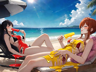 AI Gothic Beauty Meets Redhead Beauty - Beach Crossover (Eating Ice Pops)