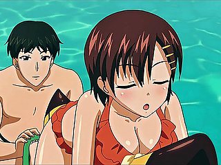 Brunette short hair orange ruffled bikini in pool
