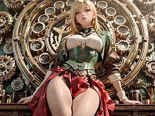 Steampunk Blonde Secretary! Lazy Poses Amidst Giant Gears
